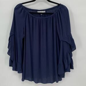 Fever Womens M Blouse Blue 3/4 Flare Sleeve Flowy Soft Ruffle Sheer Boho Peasant